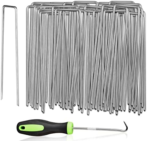 50Pcs Heavy Duty Garden Staples - 8 Inch Galvanized Steel Landscape Pins With Pick Hook