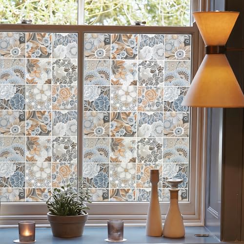 DKTIE Vintage Nature Art Tile Seamless Pattern Bathroom Window Privacy Film Waterproof (C675, 17.7in X 78.7in)