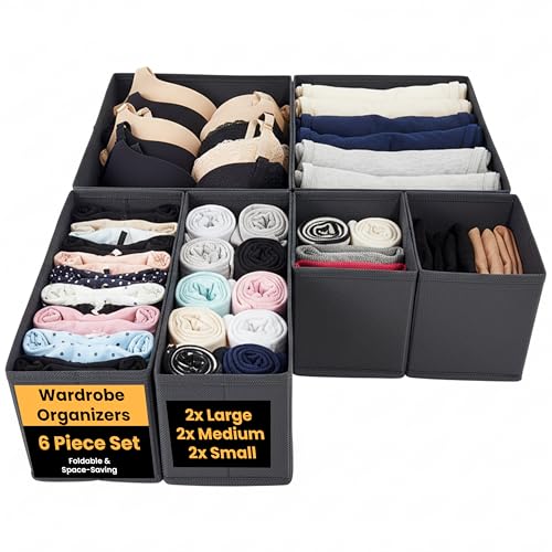 LKH Clothes Drawer Organiser Set of 6 & 12 – Foldable Wardrobe Organizers Boxes for Clothes, Underwear, Bras & Accessories – Non-Woven, Dust-Resistant & Breathable Drawers Dividers for Wardrobe