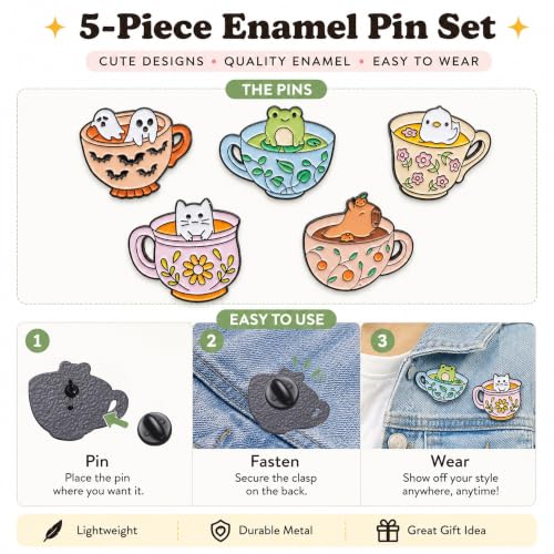 Image of 5Pcs Cute Coffee Cat Sloth Enamel Pin Set Cartoon Animal Coffee Cup Brooch Badges, Funny Lapel Pins for Backpacks, Jackets, Bags, Coffee Lover Gift