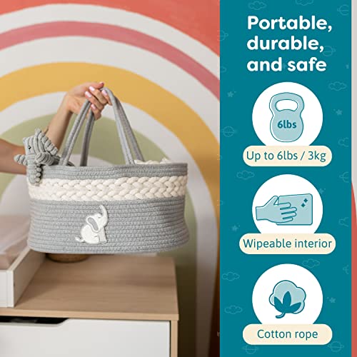 Cradle Star Diaper Caddy Organizer – Portable Baby Basket Diaper Storage Organizer With Compartments – Baby Diaper Caddy For Changing Table Nursery, Elephant Baby Shower Gifts - 100% Cotton Rope, Gray #TOP3