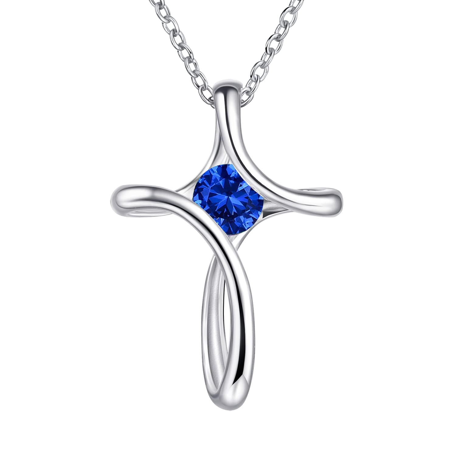 NINAMAID Cross Necklace for Women, 925 Sterling Silver Birthstone Necklace for Women with Diamond Sideways Cross Necklaces Birthstone Jewelry Birthday