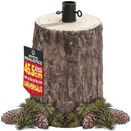 BAKAJI Base Supporto Albero di Natale in Resina, Tronco Realistico Natalizio, Riproduzione Fedele alla Realtà Solida Resistente, Attacco Universale 40mm Ganci per Adattamento Altezza (45.5 cm)