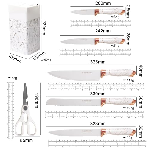 Kitchen Knife Set - 6 Piece Knife Set with Block .Stainless Steel Knivese with Chef, Bread Knife, Kitchen Scissors for Cutting Meat/Vegetables/Fruit.(White) - Image 6