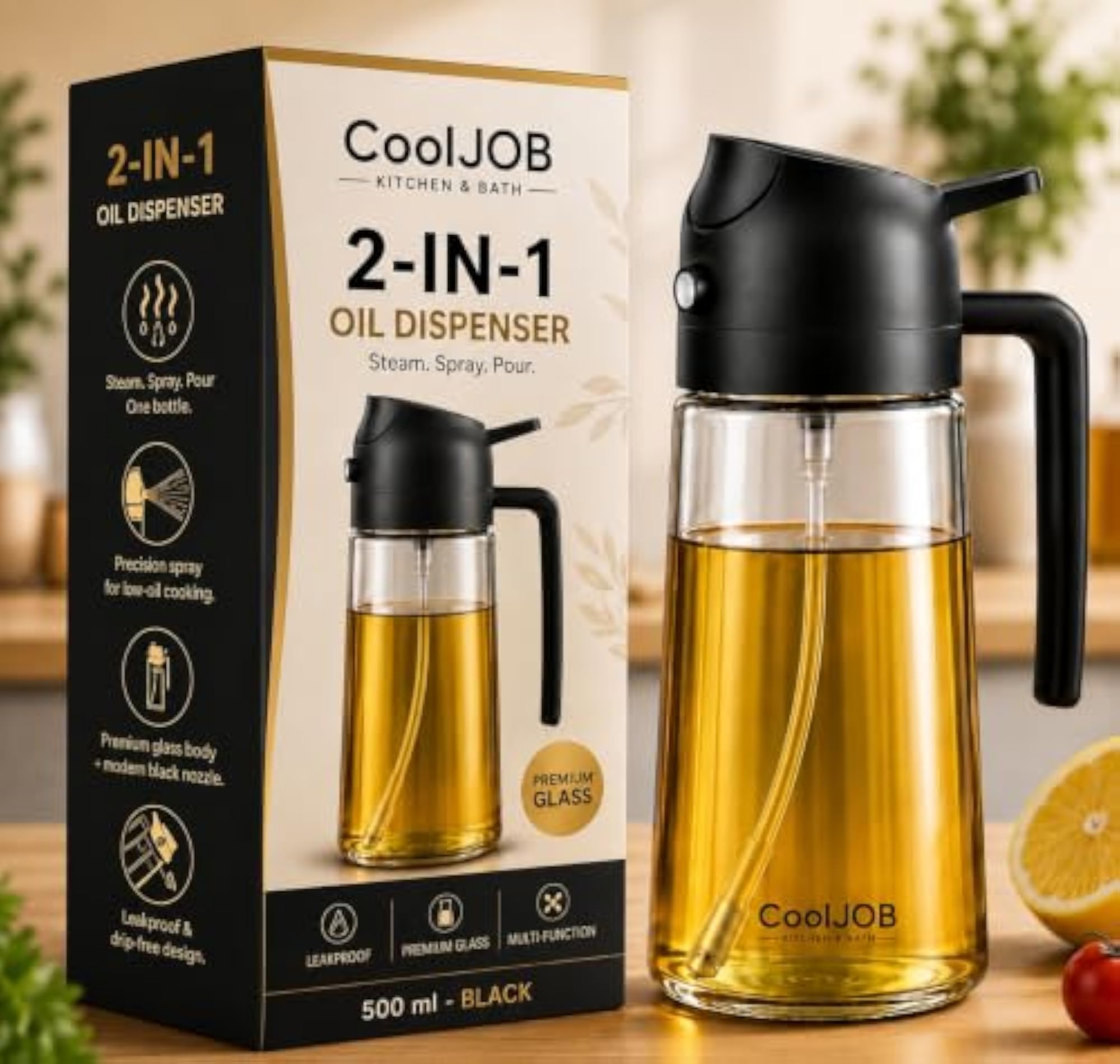 500ml Premium Glass Oil Dispenser Spray & Pour Bottle