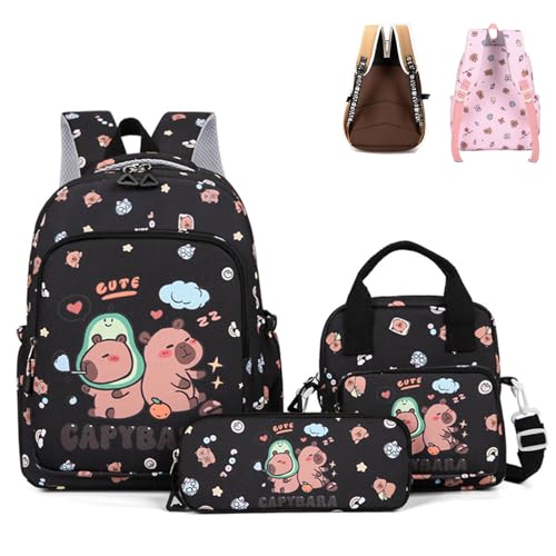 Capybara Backpack Set, Capybara Backpack for Girls, Funny Cartoon Backpacks with Lunch Bag and Pencil Case (Black)