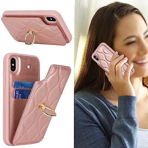 Image of for iPhone X Case with Card Holder,iPhone Xs Wallet Case for Women,Credit Card Holder,Stand Ring Kickstand and RFID Blocking,PU Leather Phone Case for iPhone X /XS 5.8 inch(Rose Gold)