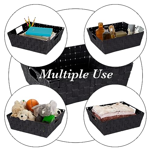 Image of Simplify Large Shelf Woven Strap Tote | Decorative Storage Basket | Built in Handles | Organization | Closet | Bedroom | Bathroom | Nursery | Accessories | Toys | Gifts | 1 Pack | Black