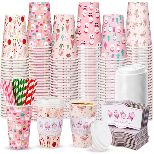 Jingmore 120 Sets 16oz Disposable Paper Coffee Cups with Lids Sleeves Straws Holiday Paper Drinking Cups Bulk for Hot Cold Beverages Home Business Cafe Birthday Party Supplies (Pink Christmas)