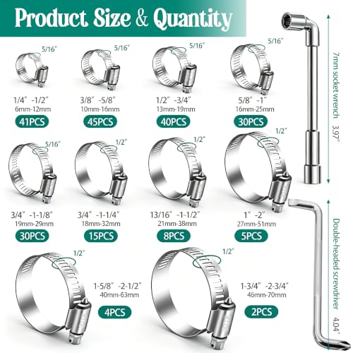 Image of Dianrui 222 PCS Hose Clamp Assortment 1 /4 inch-2-3 / /4 inch(6-70mm) 304 Stainless Steel Hose Clamp Kit, Worm Gear Hose Clamps Heavy Duty for Plumbing /Tube /Automotive /Marine with Screwdrivers-10 Size