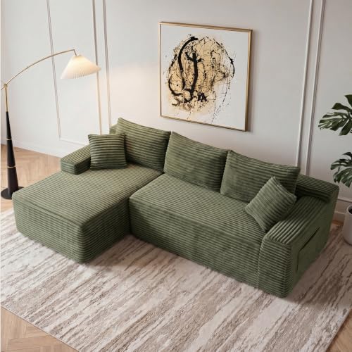 Image of 94.5 inch L Shaped Boneless Sectional Corduroy Couches for Living Room (Green)