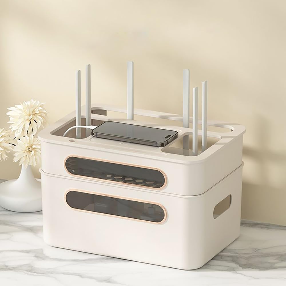 Apap Wifi Router Storage Box，Hider Cord Management Container，Multi Function Cable Box，Practical Box Set Top Box，For Home Office (2 Layers, Apricot)