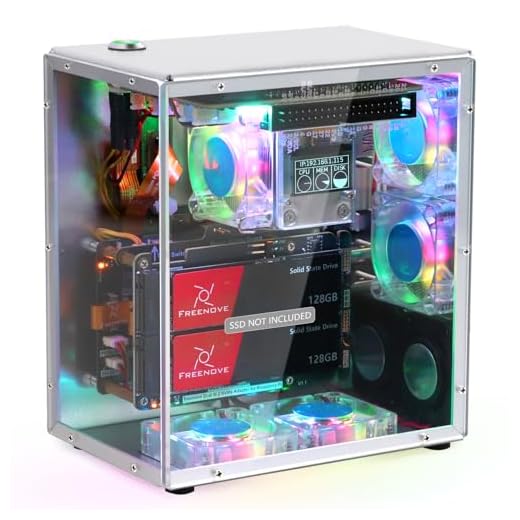 Freenove Raspberry Pi 5 Case Kit Pro, Dual M.2 NVMe SSD Slots, 5 PWM ARGB Fans Light Sync, CPU Tower Cooler, 0.96" OLED Screen, Stereo Speakers, 3.5 mm Audio (SSD NOT Included)