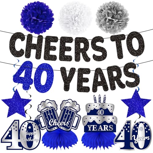 Kuxriox 11Pcs 40th Birthday Decorations for Men Blue Sliver Cheers to 40