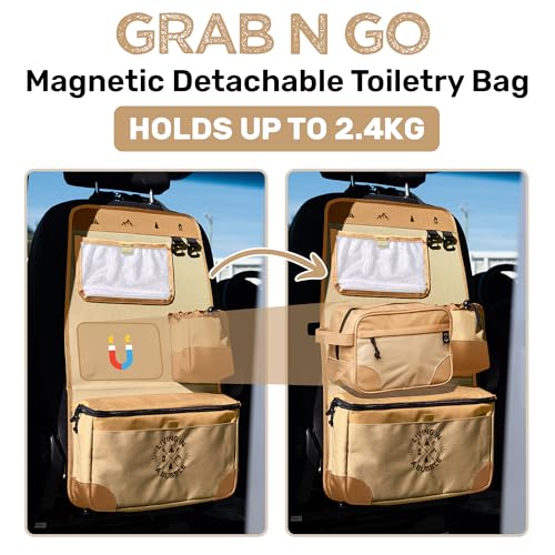 Image of Living in a Bubble Seat back Organizer - Magnetic Toiletry and Cooler Pouch, Cordura Car Backseat Storage with Device Holder & Hooks, Multi-Compartment Utility Bag for Campervans & Family Travel