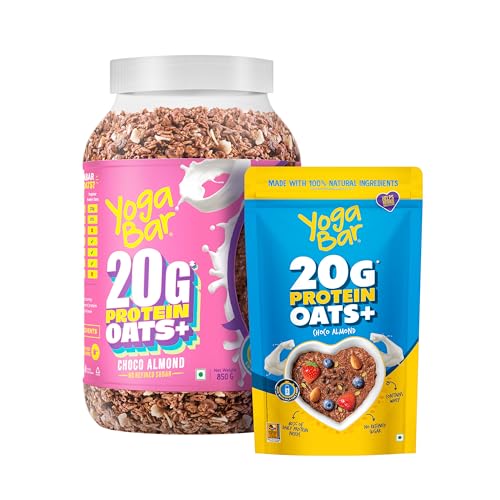 Image of Yogabar Super High Protein Oats Combo| 20g Protein | Choco Almond Oatmeal | Whey and Probiotics | High Absorption | High Fiber Oats for Weight | Dark Chocolate Oats Breakfast Cereal, 1.2 Kg