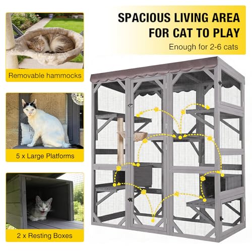 Image of Aivituvin Cat House Window Outdoor Catio Cat Enclosures with 7 Platforms, 2 Resting Boxes Large Kitty House with Weatherproof Tarp Roof, 62.6 inch L x 32.6 inch W x 70.1 inch H Grey