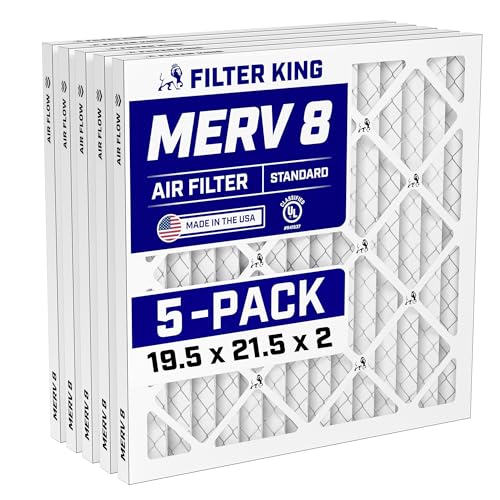 Filter King 19.5x21.5x2 Air Filter (MERV 8) (5-Pack) Dust & Allergy Control AC Furnace Filters, MADE IN USA, HVAC, Pleated, Electrostatic (Actual Size: 19.5 x 21.5 x 1.75)