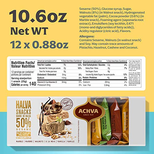Variety Pack of Halvah Marble, Vanilla, and Walnut Israel Candy Bars– Vegan-Friendly, Certified Kosher Snacks with No Dairy or Gluten by Achva, 25 g. Each (2 Pack)