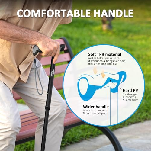 HEALTHBAZAAR Walking Cane for Men & Women - Self Standing Pivot Cane, Adjustable, Foldable Walking Sticks for Seniors & Adults with Wrist Strap, Travel Bag | TRIGRIP (Black)