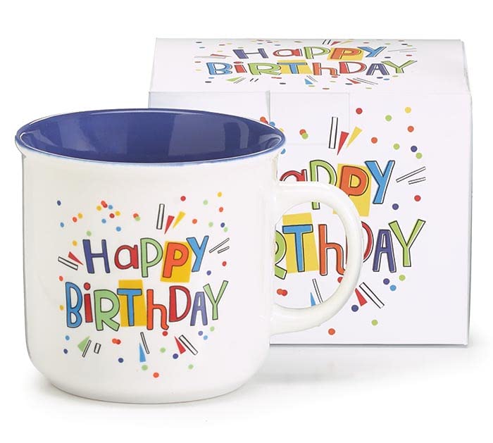 Taza de cerámica con texto Happy Birthday y confeti