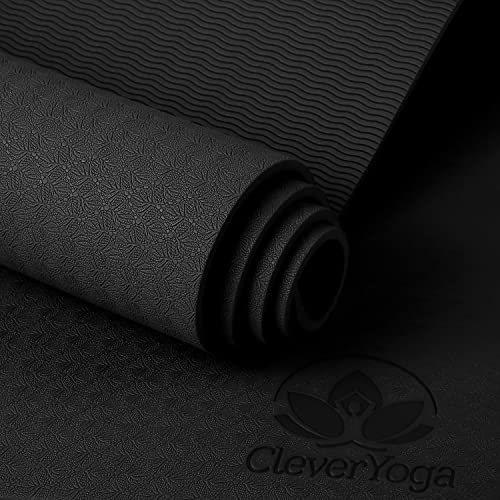 Clever Non-Slip Essential Yoga Mat In Trusted Black | Extra Thick 6.35Mm Cushion To Protect Joints | Suitable For All Yoga Types And Levels Including Beginner | Unisex Generous Mat Size (6' By 2') |Robust Anti-Tear Design| Hygenic Easy Wipe Surface | Minimises Sweat Marks #TOP1