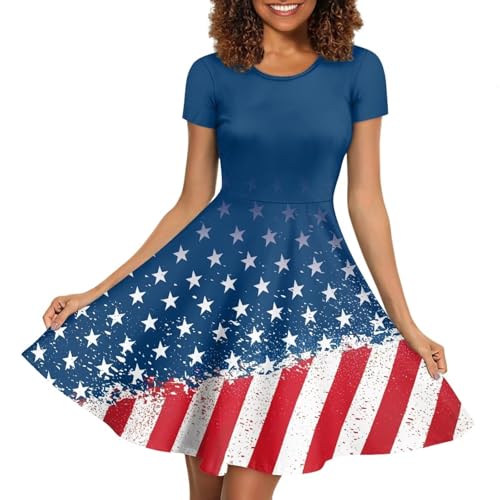 Image of HUGS IDEA Womens Puffy Swing Midi Dress Round Neck Short Sleeve Party A-Line Dresses
