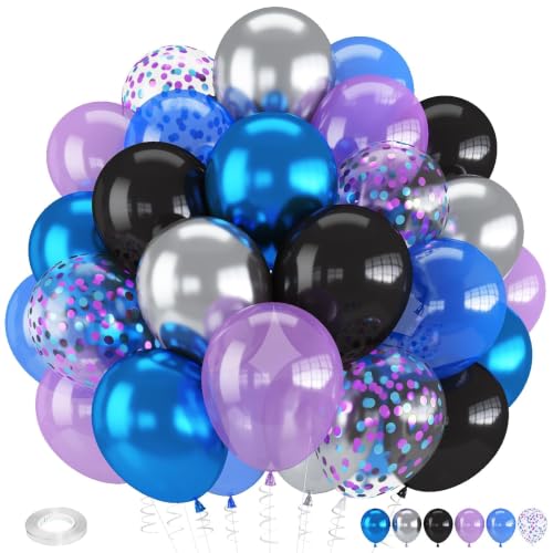 Image of Black Blue and Purple Balloons, 12 Inch Metallic Blue Purple Black | Silver Confetti Balloons for Kids Boys Outer Space Astronaut Birthday Baby Shower Video Game Party Decorations