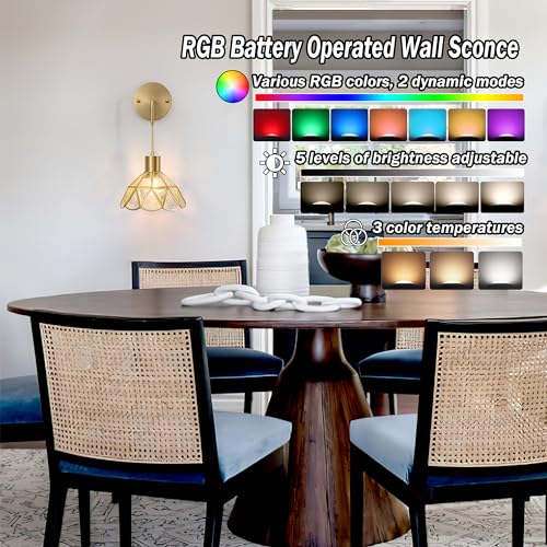 Image of Battery Operated Wall Sconces Set of Two, RGB Color Changing Dimmable Sconces with Remote for Bedroom Living Room, Easy to Install