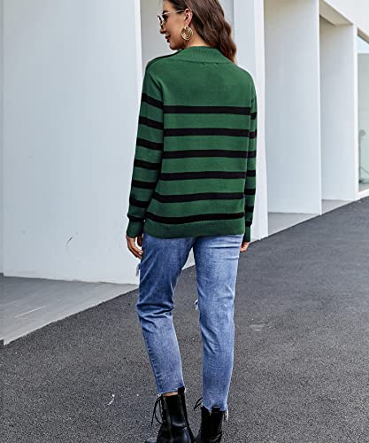 Liofoer Womens High Neck Striped Stitching Pullover Autumn Winter Long Sleeve Sweater Green #TOP5