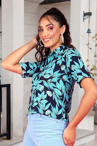 Image of POPWINGS Ethnic Printed Cotton Half Sleeves Regular Fit Crop Shirts for Women Stylish Western Casual Wear