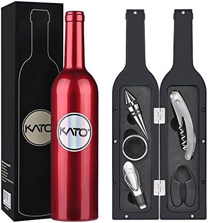 Kato 5-Piece Wine Bottle Tools Gift Set, Wine Pourer, Stopper, Foil Cutter, Drip Ring and Corkscrew Opener (Bottle Shaped Carry Case)