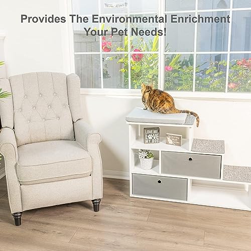PetFusion Pet Step Fenster-Sitzstange mit Aufbewahrungskörben, 20.3 cm Treppenhöhe, multifunktionales modernes Haustiermöbel mit Teppich-Pads und 2.5 cm dickem Premium-Schaumstoff-Sitzpolster