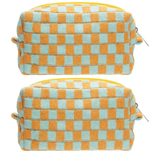 Checkered Makeup Bag for Purse, Small Cosmetic Pouch,Orange Green,2 Pack
