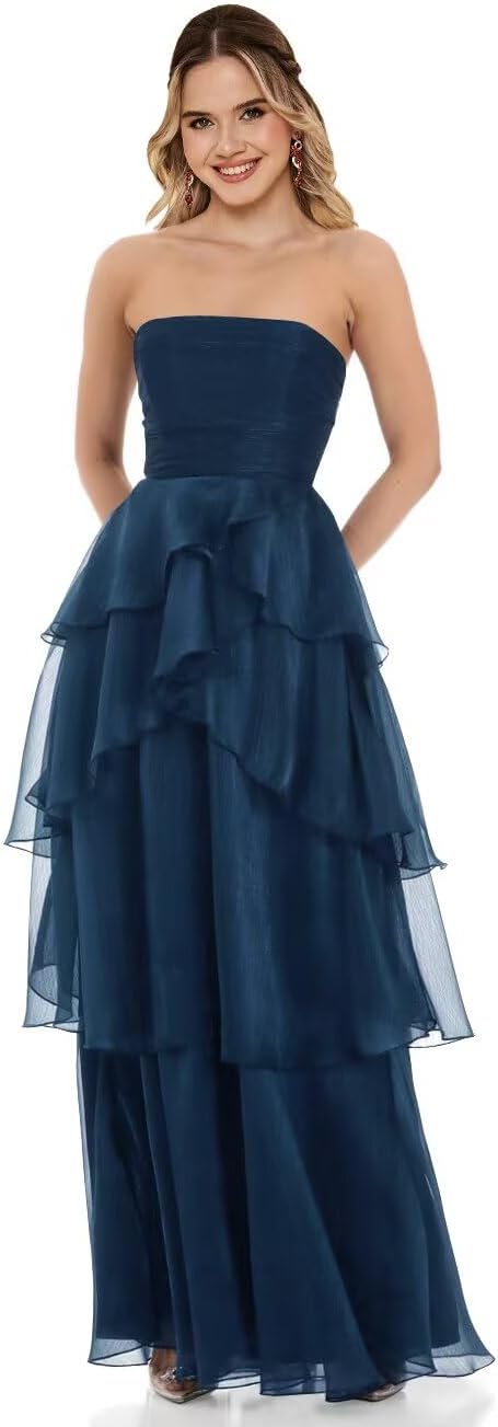 Strapless Tulle Prom Dress for Women Pleated Long Tiered Ruffle Sleeveless A Line Ruched Formal Evening Ball Gown