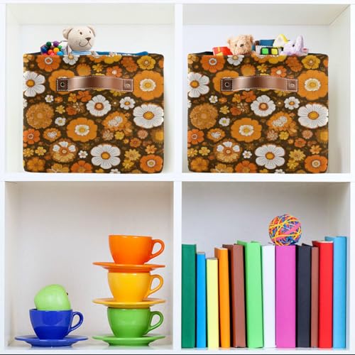 Image of Aslsiy Storage Basket Orange 60s 70s Style Nursery Bins Retro Floral Baby Box Canvas Clothes Shelf Basket Laundry Hamper Gift Baskets for Home Closet 1 Pcs