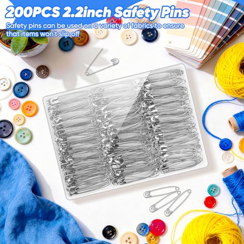 Image of Huhuhero 200Pcs Safety Pins for Clothes, 2.2 inches Large Heavy Duty Safety Pins, Rust-Resistant Nickel Plated Steel Big Pin for Sewing Clothing, Art & Craft Supplies
