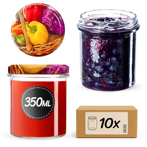 KADAX Tarros de mermelada de 350 ml con tapa de rosca fi82 mm, tarros pequeños con tapa, tarros para conservas, tarros de rosca para mermelada y miel (pimientos, 10 unidades)