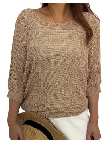 MakeMeChic Women's Plus Size Sweater Boat Neck Half Sleeve Knitted Pullover Tops
