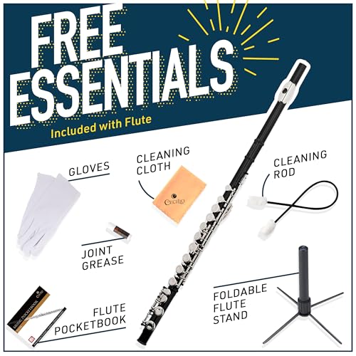 Image of Mendini By Cecilio Flute, 16 Keys C Flute Instrument Closed Hole For Beginners with Carrying Case, Cork Grease, Stand, Lesson Book, Cleaning Kit, Gloves (Black)