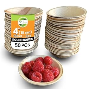 Raj Disposable Palm Leaf Bowls (50 Count, 4″ (10 cm) Bowl) Strong Bowls Like Bamboo Party Bowl – Decorative Compostable Tableware for Lunch, Dinner, Birthday, Outdoor, BBQ, Picnic, Parties