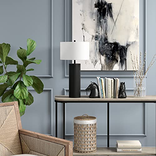 Henn&Hart 29.5" Mid-Century Modern 1-Light Table Lamp with White Fabric Drum Shade for Living Room, Bedroom, or Office, Black - Thumbnail 5