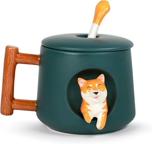 Taza de cerámica para perros con diseño de mango de madera con cuchara y tapa (verde)