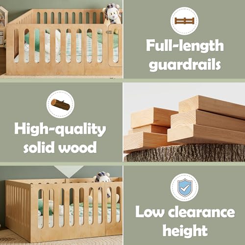 Bellemave Full Size Kids Floor Bed with High Fence & Door, Wooden Full Montessori Floor Beds with Low-Profile Design for Kids Girls Boys (Natural) by Bellemave - Image 7