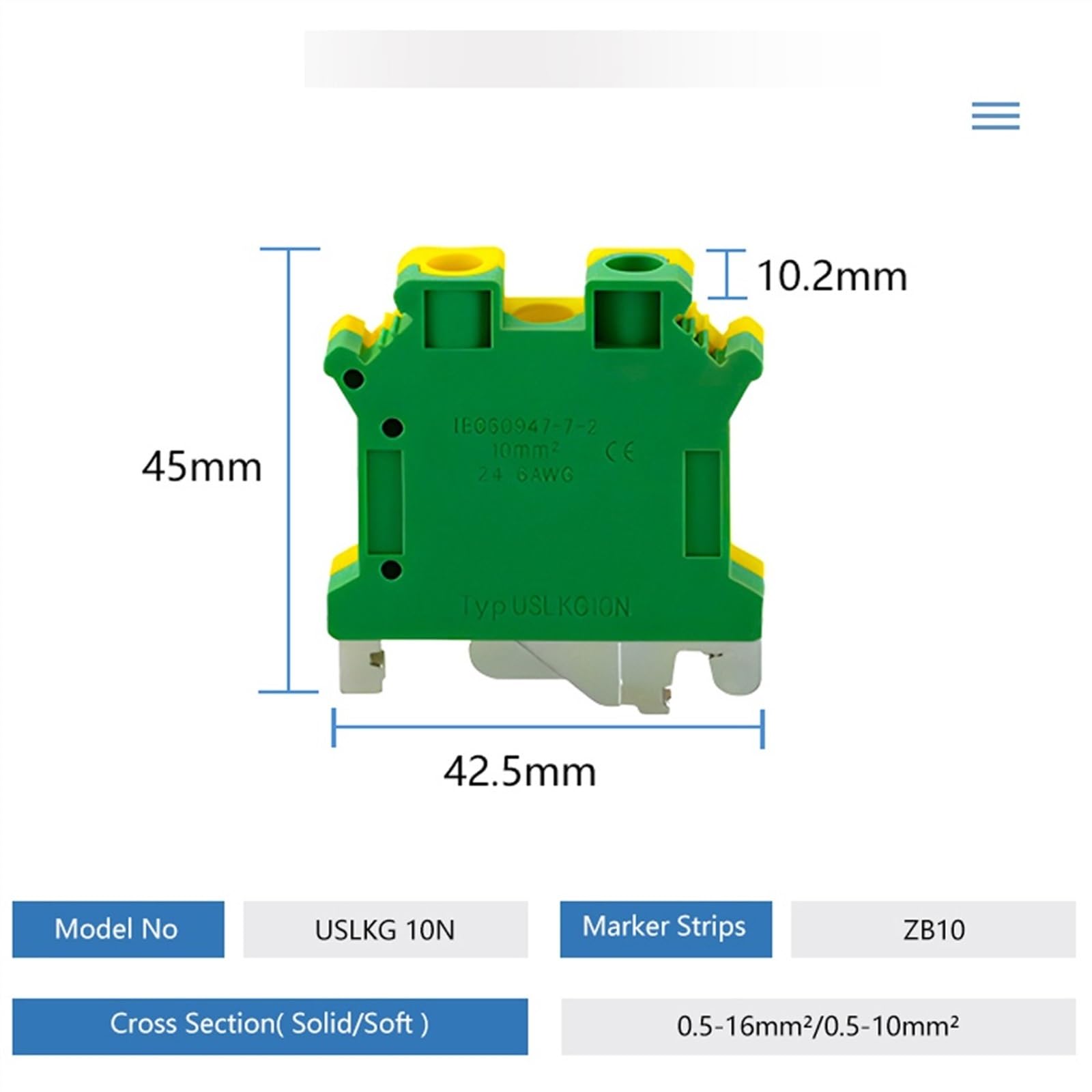 10 Pz USLKG-10N PE Morsettiera su guida Din Morsettiere a vite Morsettiere Terra Classe universale Connettore USLKG10N Filo conduttore