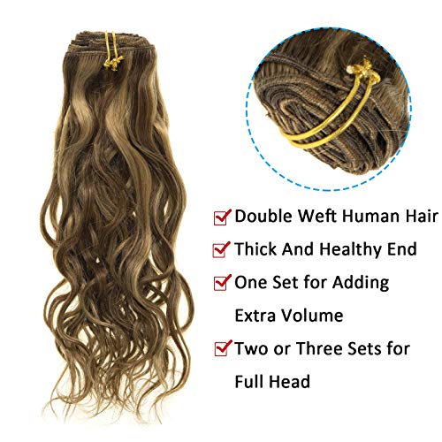 Caliee Natural Curly Clip In Hair Extensions 18 Inch Human Hair Double Weft Highlighted Blond Color Natural Wave Dark Brown Color #4 Ombre Strawberry Blonde #27 Color 7Pieces 17Clips With 120Gram Per Set #TOP5