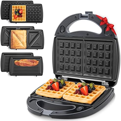 Waffle Maker Sandwich 3-In-1 Toaster Panini Press Grill Double With Removable Plates Waffle Iron Machine Non-Stick 2-Slice Belgian Breakfast Grilled Cheese,Omelette,High Gloss Panel 750W Gray BEZIA