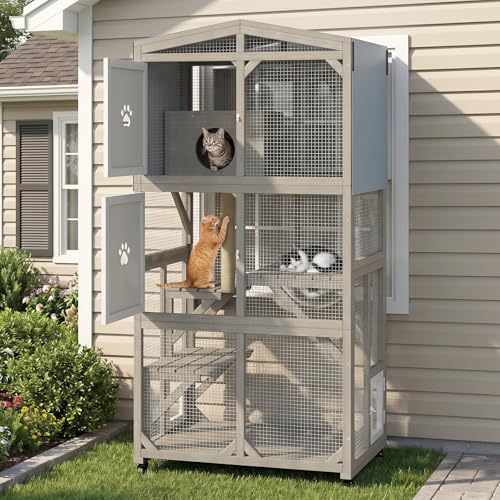 66.2 Catio Outdoor Cat Enclosure with Wheels & Window Access Portable Large Wooden Cat Catio Cage for Balcony Patio Weatherproof Expandable Cat House with 4 Platforms for Indoor Outdoor Cats