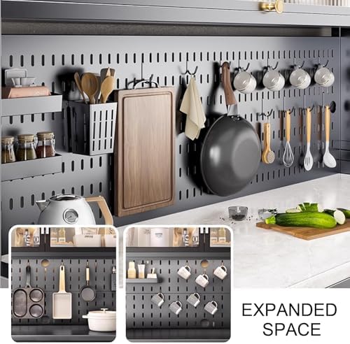 Close-up of the cabinet's pegboard design, showing various hooks and accessories holding kitchen utensils, cutting boards, and small items, demonstrating expanded storage space.