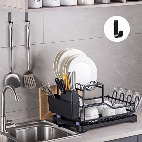 Panchydor Dish Rack,Aluminum 2 Tier Black Large Dish Drainers for Kitchen Counter,One-step Installation Automatic Draining Dish Rack with Cup Holder,Utensil Holder,Cutting Board Holder,Extra Two Hooks